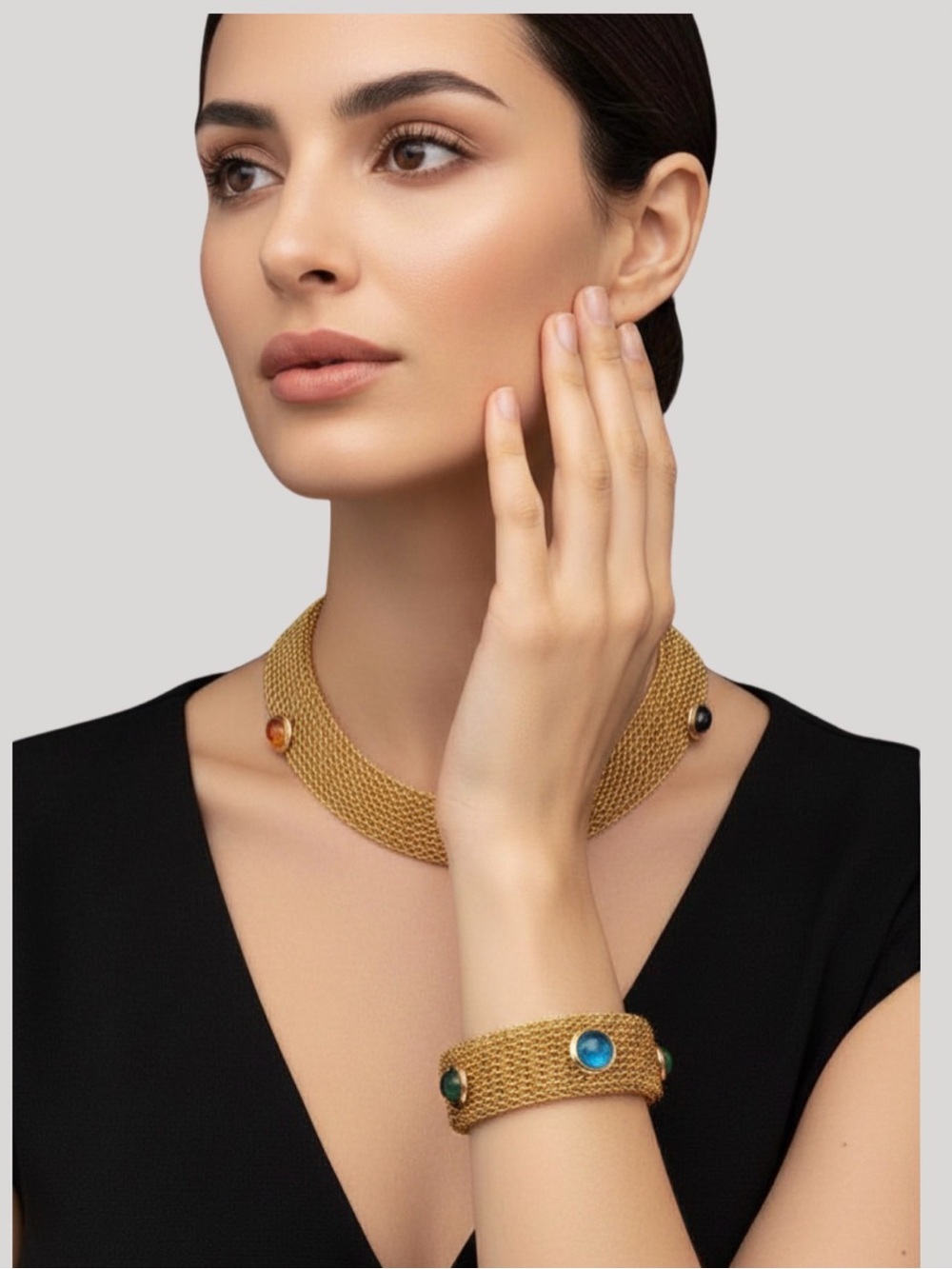 1970s Gold Plated Mesh Necklace Bracelet Set with Colored Cabachon Accents